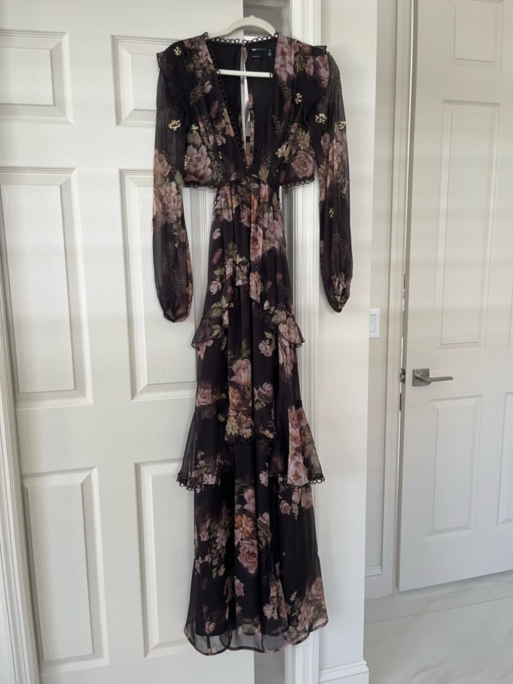 ASOS TALL Floral Lace-Trim Maxi Dress in Brown with Pink Rose Print - Picture 3 of 8